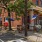 a street with tables and chairs